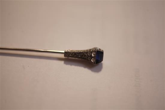 A 1930s/1940s French 18ct white gold and platinum, sapphire and rose cut diamond set jabot pin, signed Cartier, Paris, 63mm.